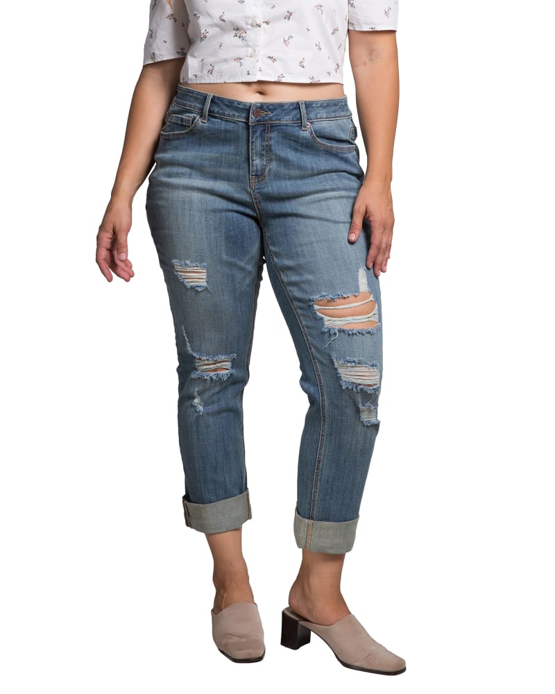 Front of a model wearing a size 14 Betty Boyfriend Jeans in 3220BADLOVE by Standards & Practices. | dia_product_style_image_id:275677